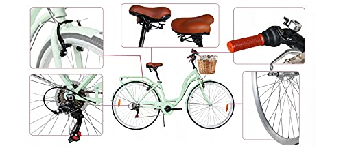 BDW Bicicleta de ciudad y trekking para mujer, de 28 pulgadas, para ciudad, trekking, 6 velocidades Shimano, cesta KOSTELNOS (verde)