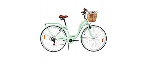 BDW Bicicleta de ciudad y trekking para mujer, de 28 pulgadas, para ciudad, trekking, 6 velocidades Shimano, cesta KOSTELNOS (verde)