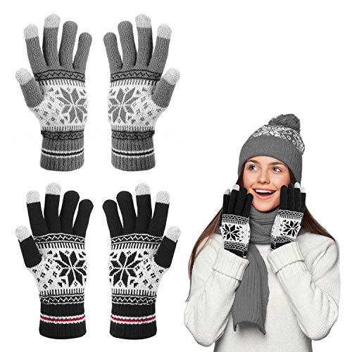 Bearbro Guantes de Pantalla Táctil de Invierno Impresión de Flores, 2 Pares de Mujeres Guantes para Pantalla Táctil Guantes de Punto Estirables Navidad Guantes para Iphone Ipad PC