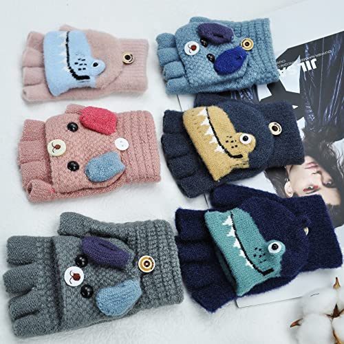 BEIFON 2 Pares Guantes Invierno Sin Dedos Niños Niñas con Tapa Abatible Térmicos Mitones con Diseño de Cachorro Manoplas Medio Dedo para Niños Niñas, 3-8 Años (Azul + Azul Marino)