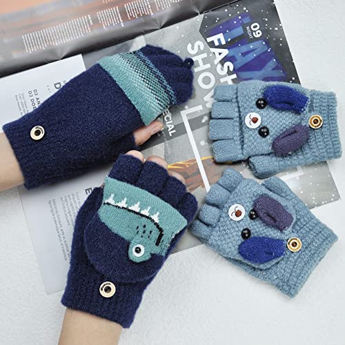 BEIFON 2 Pares Guantes Invierno Sin Dedos Niños Niñas con Tapa Abatible Térmicos Mitones con Diseño de Cachorro Manoplas Medio Dedo para Niños Niñas, 3-8 Años (Azul + Azul Marino)