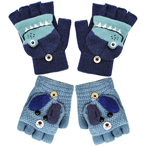 BEIFON 2 Pares Guantes Invierno Sin Dedos Niños Niñas con Tapa Abatible Térmicos Mitones con Diseño de Cachorro Manoplas Medio Dedo para Niños Niñas, 3-8 Años (Azul + Azul Marino)