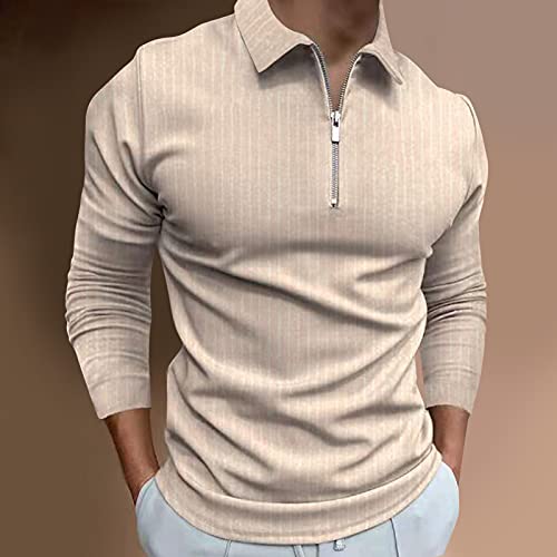 Bekleidung Polo clásico para hombre, para otoño, media cremallera, de manga larga, con cuello de solapa, corte regular, caqui, XXL