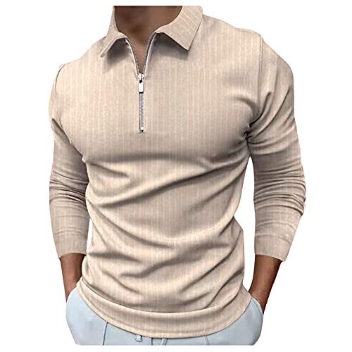 Bekleidung Polo clásico para hombre, para otoño, media cremallera, de manga larga, con cuello de solapa, corte regular, caqui, XXL