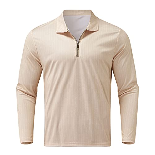 Bekleidung Polo clásico para hombre, para otoño, media cremallera, de manga larga, con cuello de solapa, corte regular, caqui, XXL