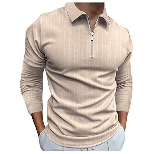 Bekleidung Polo clásico para hombre, para otoño, media cremallera, de manga larga, con cuello de solapa, corte regular, caqui, XXL