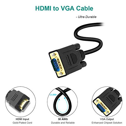 BENFEI Cable HDMI a VGA, Chapado en Oro Macho a Macho para Ordenador, portátil, PC, Monitor, proyector, HDTV, Chromebook, Raspberry Pi, Roku, Xbox y más, Negro 1,8 m