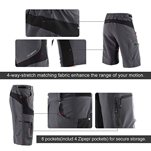 BERGRISAR - Pantalones cortos de ciclismo para hombre, ideales para MTB y bicicletas de montaña, bolsillos con cremallera (1806BG) - gris - Small