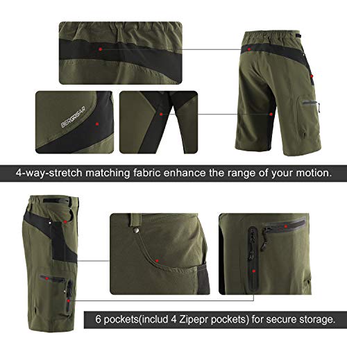 BERGRISAR - Pantalones cortos de ciclismo para hombre, ideales para MTB y bicicletas de montaña, bolsillos con cremallera (1806BG) - verde - Large