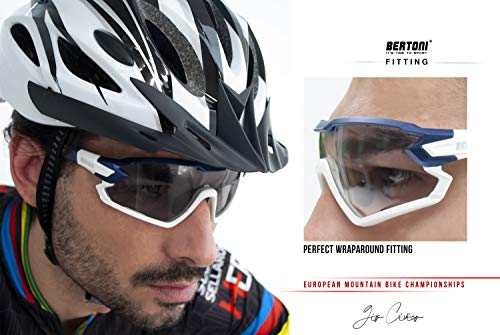 BERTONI Gafas Ciclismo Running MTB Esquí Tennis Padel Polaridas Fotocromaticas Mod. Quasar (Azul-Blanco/Espejo Azul)