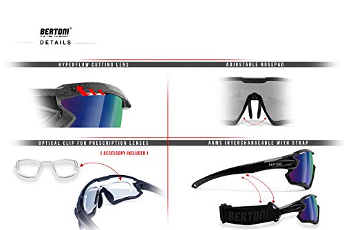 BERTONI Gafas Ciclismo Running MTB Esquí Tennis Padel Polaridas Fotocromaticas Mod. Quasar (Negro-Rosa/Espejo Azul)