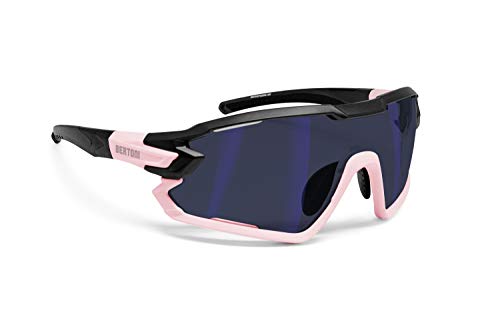 BERTONI Gafas Ciclismo Running MTB Esquí Tennis Padel Polaridas Fotocromaticas Mod. Quasar (Negro-Rosa/Espejo Azul)