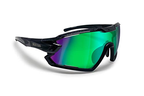 BERTONI Gafas Ciclismo Running MTB Esquí Tennis Padel Polaridas Fotocromaticas Mod. Quasar (Negro/Espejo Verde)
