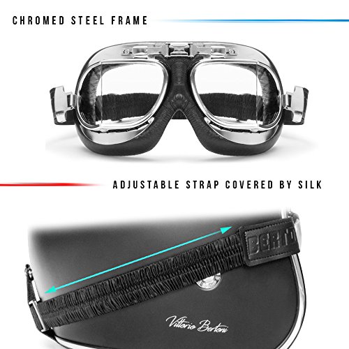 BERTONI Gafas de Moto Lentes Antivaho y Antichoque - Perfil de Acero Cromado - Italy AF193CR Negro - Gafas Vintage Aviador para Cascos Moto Harley y Chopper