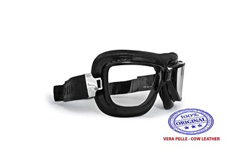 BERTONI Gafas para Moto Vintage para abarcar las gafas correctivas - en Piel de Cuero Genuino y Perfil d'Acero negro - lentes Antihumo y Antichoque by Bertoni Italy - AF194A Mascara Negra
