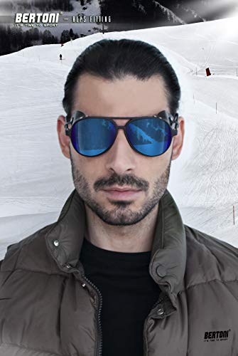 BERTONI Gafas Polarizadas Montaña Glaciar Esqui Alpinismo Trekking Climbing - Mod. Alps Italy (Negro - Espejo Azul Polarizado)