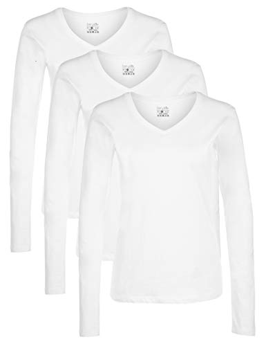 Berydale Camiseta de manga larga con cuello en pico de 100 % algodón, Mujeres, Blanco (paquete de 3), L