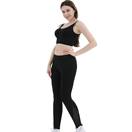 BESIDE STAR 2 Piezas Leggins Mujer, Pantalones de Yoga de Cintura Alta Leggings de Malla para Yoga con Bolsillos Laterales, Control de Barriga, Entrenamiento elástico en 4 direcciones Negro M