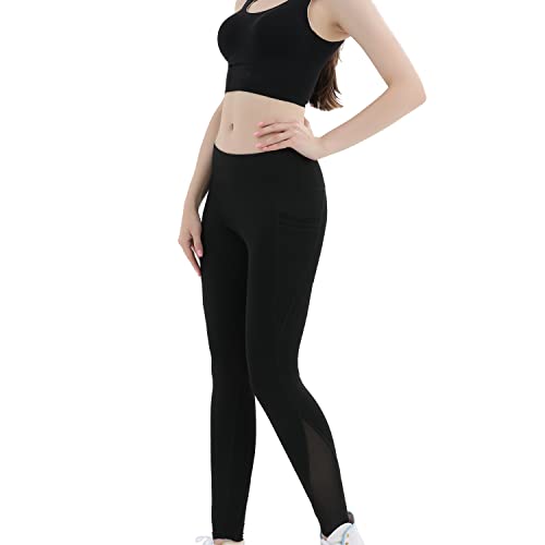 BESIDE STAR 2 Piezas Leggins Mujer, Pantalones de Yoga de Cintura Alta Leggings de Malla para Yoga con Bolsillos Laterales, Control de Barriga, Entrenamiento elástico en 4 direcciones Negro M