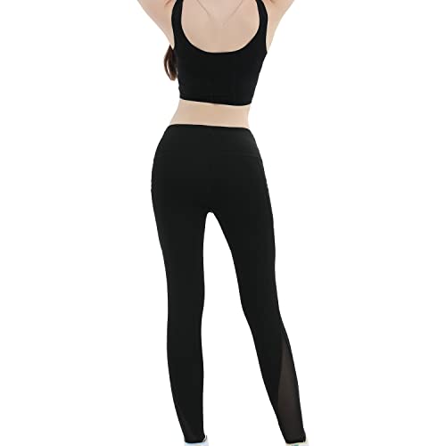 BESIDE STAR 2 Piezas Leggins Mujer, Pantalones de Yoga de Cintura Alta Leggings de Malla para Yoga con Bolsillos Laterales, Control de Barriga, Entrenamiento elástico en 4 direcciones Negro M