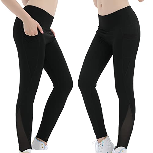 BESIDE STAR 2 Piezas Leggins Mujer, Pantalones de Yoga de Cintura Alta Leggings de Malla para Yoga con Bolsillos Laterales, Control de Barriga, Entrenamiento elástico en 4 direcciones Negro M