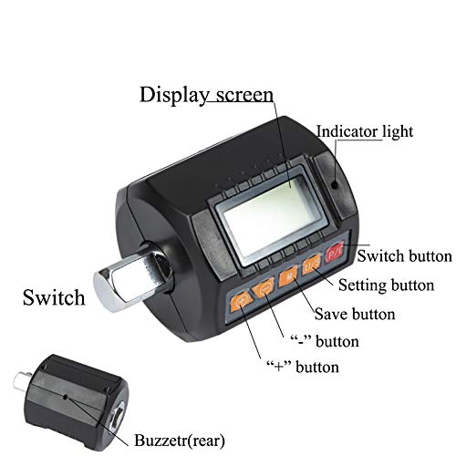 Beslands Llave dinamométrica digital, adaptador de par de apriete, pantalla grande, pantalla digital, medidor de torsión ajustable, profesional, 20-200 nm - 1/2