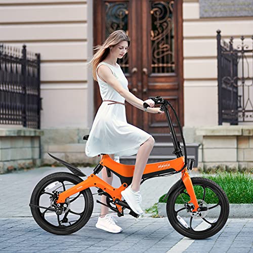 BESPORTBLE Bicicleta Eléctrica de Aleación de Magnesio Apariencia 250W Peddec Plegable 3 Modos de Freno Trasero Delantero Híbrido Al Aire Libre Pas City Bicicleta (Naranja) Yn- Eb201