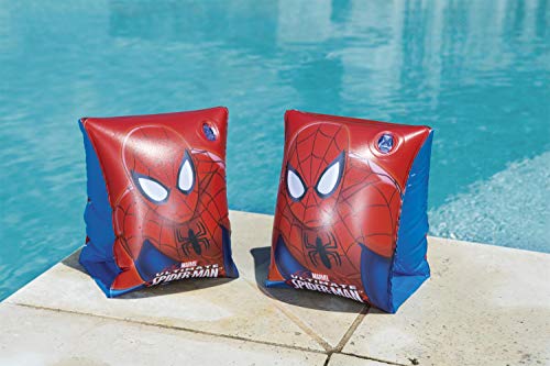 BESTWAY 98001 - Manguitos Hinchables Spiderman 15x23 cm Vinilo Resistente Rojo y Azul con Válvula de Seguridad y 2 Cámaras de Aire Para Niños de 3-6 Años