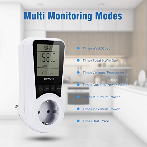 Besvic Medidor de Consumo Eléctrico, Monitor Contador de Electricidad con Pantalla LCD, Protección contra Sobrecarga, Retención de Datos Medidor de Consumo, 3680W Máx, 2 PCs