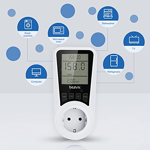 Besvic Medidor de Consumo Eléctrico, Monitor Contador de Electricidad con Pantalla LCD, Protección contra Sobrecarga, Retención de Datos Medidor de Consumo, 3680W Máx, 2 PCs