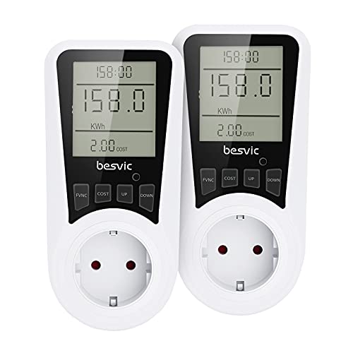 Besvic Medidor de Consumo Eléctrico, Monitor Contador de Electricidad con Pantalla LCD, Protección contra Sobrecarga, Retención de Datos Medidor de Consumo, 3680W Máx, 2 PCs