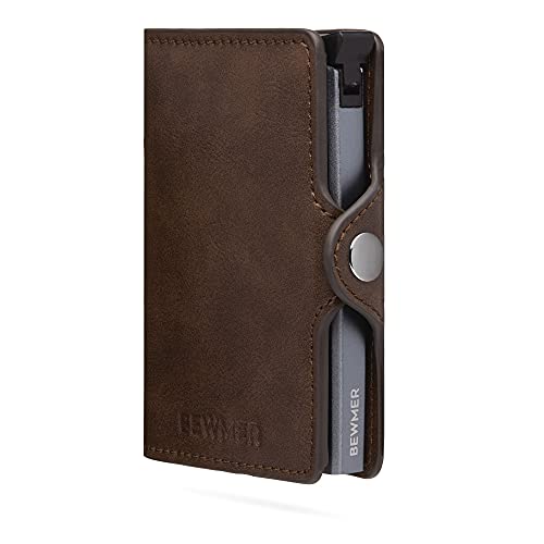 BEWMER-1 Billetera Pequeña Porta Tarjetas para Hombre y Mujer | Cartera Tarjetero con Protección RFID y Pinza para Billetes de Fibra de Carbono | DISEÑO Italiano Marrón