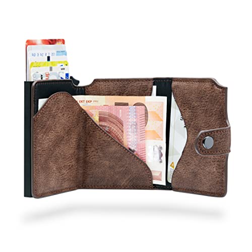 BEWMER-2 Cartera Tarjetero para Hombre y Mujer con Monedero | Billetera Minimalista Porta Tarjetas de Crédito con Protección RFID, Billetes, Monedas | DISEÑO Italiano Marrón