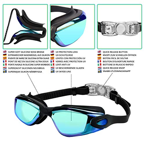 Bezzee Pro Gafas de Natación - gafas natacion antivaho Protección UV con Estuche de Almacenamiento – Herméticas y Correa de Silicona Ajustables para Adultos, Hombres, Mujeres, Jóvenes – Puente Nasal