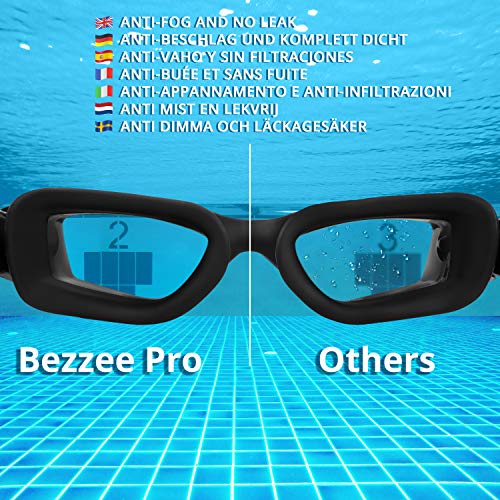 Bezzee Pro Gafas de Natación - gafas natacion antivaho Protección UV con Estuche de Almacenamiento – Herméticas y Correa de Silicona Ajustables para Adultos, Hombres, Mujeres, Jóvenes – Puente Nasal