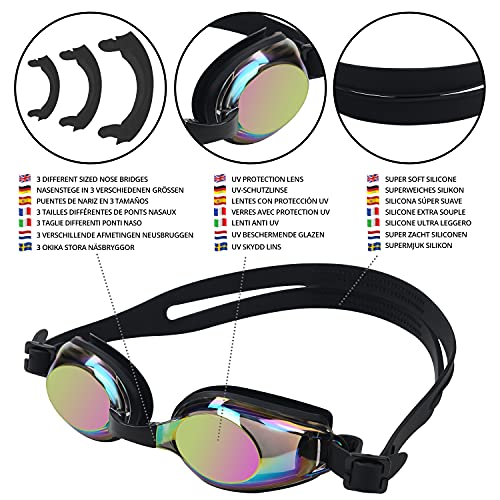 BEZZEE PRO Gafas Natacion Negras para Niñas y Niños – Gafas Protección UV y Antivaho - Estuche de Almacenamiento - 3 Puentes Nasales Suaves de Distintos Tamaños – Gafas Piscina Niños Herméticas