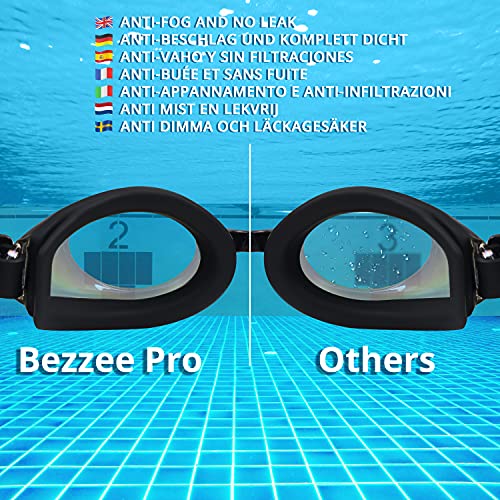 BEZZEE PRO Gafas Natacion Negras para Niñas y Niños – Gafas Protección UV y Antivaho - Estuche de Almacenamiento - 3 Puentes Nasales Suaves de Distintos Tamaños – Gafas Piscina Niños Herméticas