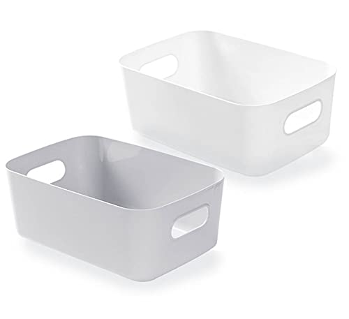 Bgfuni Juego de 4 Cestas de Almacenaje Multiuso, Cajas Organizadoras de Plástico con Asas, Cesta de Ordenación, Cestas Almacenaje, Cesta de Almacenamiento para Cocina, Baño, 19 x 13.5 x 7.5cm (Blanco)