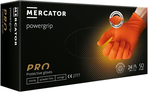 <b>Guantes de nitrilo naranjas POWERGRIP, talla: L - 50 unidades, Guantes de seguridad desechables sin talco, sin látex, guantes de nitrilo 3 veces más gruesos, textura de diamante</b>