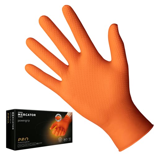 <b>Guantes de nitrilo naranjas POWERGRIP, talla: L - 50 unidades, Guantes de seguridad desechables sin talco, sin látex, guantes de nitrilo 3 veces más gruesos, textura de diamante</b>