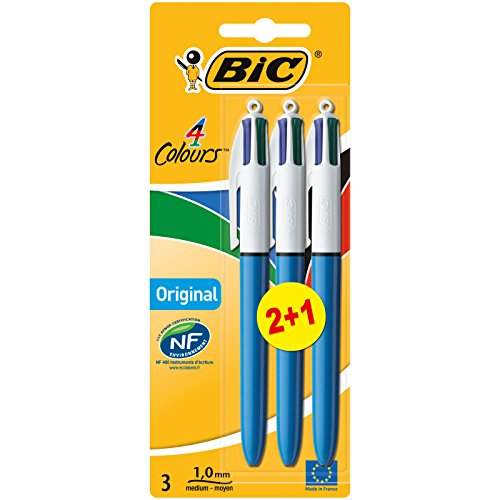 BIC 4 Colores Bolígrafos Retráctiles, Original, Colores Surtidos, Punta Media (1,0mm), Blíster de 3 Bolis