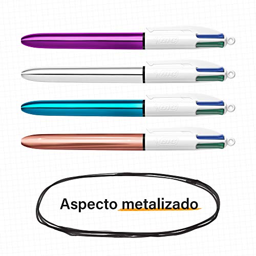 BIC 4 Colores Bolígrafos Retráctiles, Shine, Colores Metálicos, Punta Media (1,0mm), Blíster de 3 Bolis