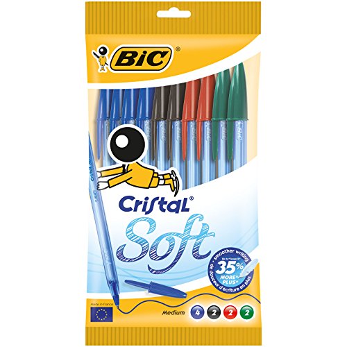 BIC Cristal Soft bolígrafos punta media (1,2 mm) con escritura suave - Colores surtidos, Blíster de 10 unidades – bolígrafos duraderos en azul, negro, rojo, y verde