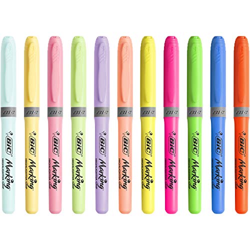 BIC Highlighter Grip Marcadores de Punta Biselada Regulable - Colores en Tonos Intensos y Pastel, Pack de 12