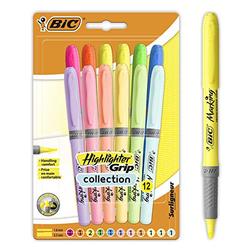 BIC Highlighter Grip Marcadores de Punta Biselada Regulable - Colores en Tonos Intensos y Pastel, Pack de 12