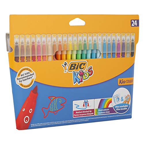 BIC Kids Rotuladores Lavables para Niños, Kid Couleur, Colores Surtidos, Punta Media para Niños, Caja de 24, material escolar