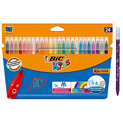 BIC Kids Rotuladores Lavables para Niños, Kid Couleur, Colores Surtidos, Punta Media para Niños, Caja de 24, material escolar