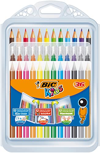 BIC Kids Set Para Colorear, 12 Rotuladores, 12 Lápices de Colores, 12 Ceras, Colores Surtidos, Paquete de 36 Unidades