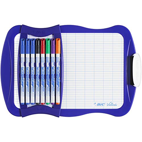 BIC Velleda Cliiip Set - Incluye pizarra blanca (21 x 31 cm), 8 rotuladores finos y borrador para actividades creativas en casa y el colegio