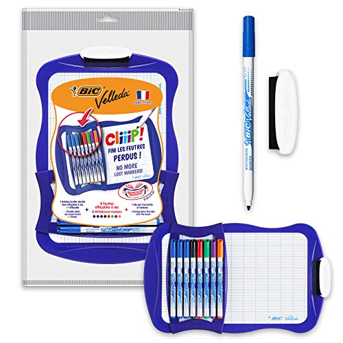 BIC Velleda Cliiip Set - Incluye pizarra blanca (21 x 31 cm), 8 rotuladores finos y borrador para actividades creativas en casa y el colegio